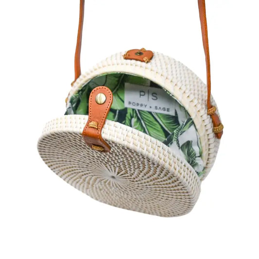 Round Rattan Bag with Shoulder Strap-White