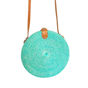 Round Rattan Bag with Shoulder Strap-Aqua