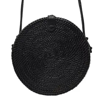 Round Rattan Bag with Shoulder Strap-Black