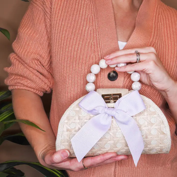 Arabella Rattan Mini Bag with Lavender Bow and Beaded Handle