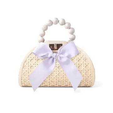 Arabella Rattan Mini Bag with Lavender Bow and Beaded Handle