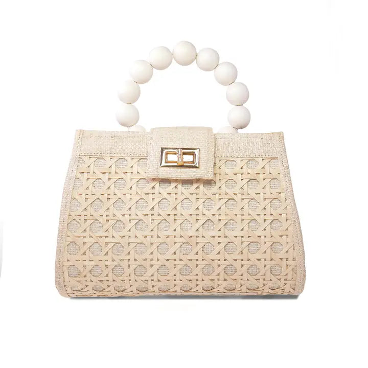 Cream Lauren Rattan Bag with Beaded Handle