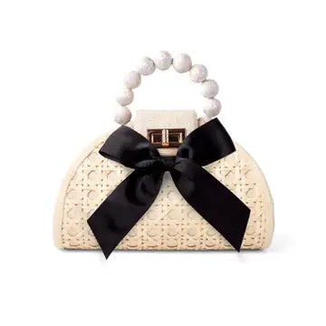 Arabella Rattan Mini Bag with Black Bow and Beaded Handle