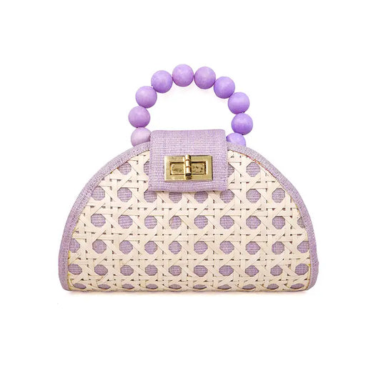 Lilac and White Rattan Mini Bag with Wooden Bead Handle