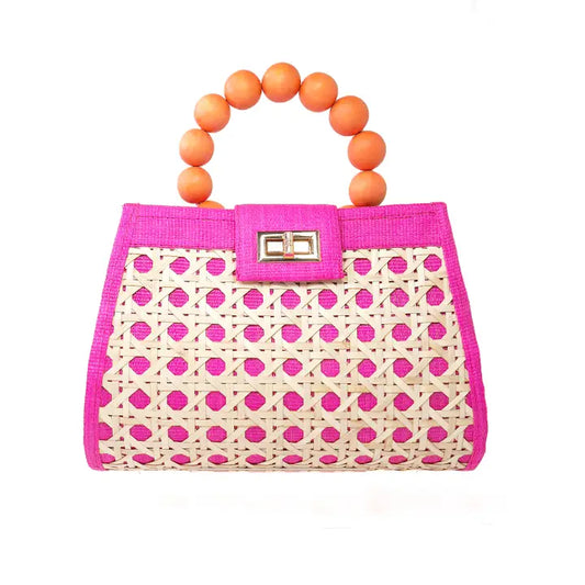 Pink Lauren Rattan Bag with Beaded Handle