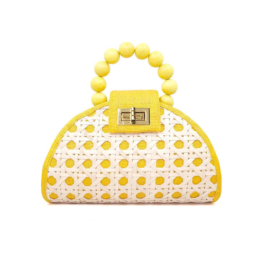 Yellow and White Rattan Mini Bag with Wooden Bead Handle